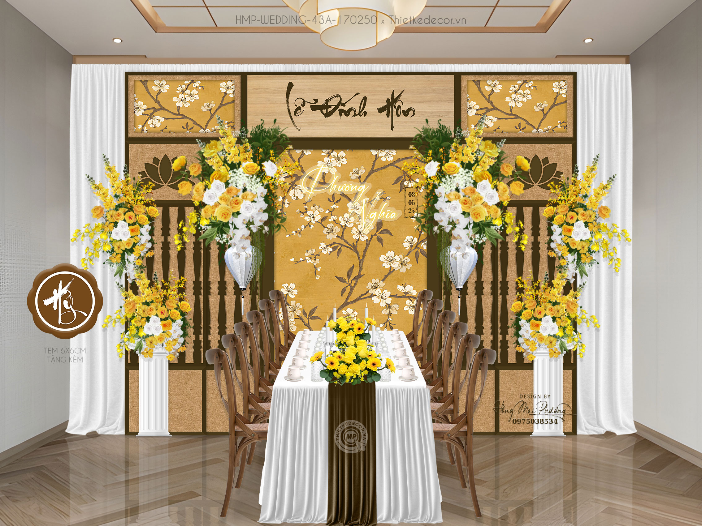 Gia tiên tone vàng họa tiết chim cành Vintage